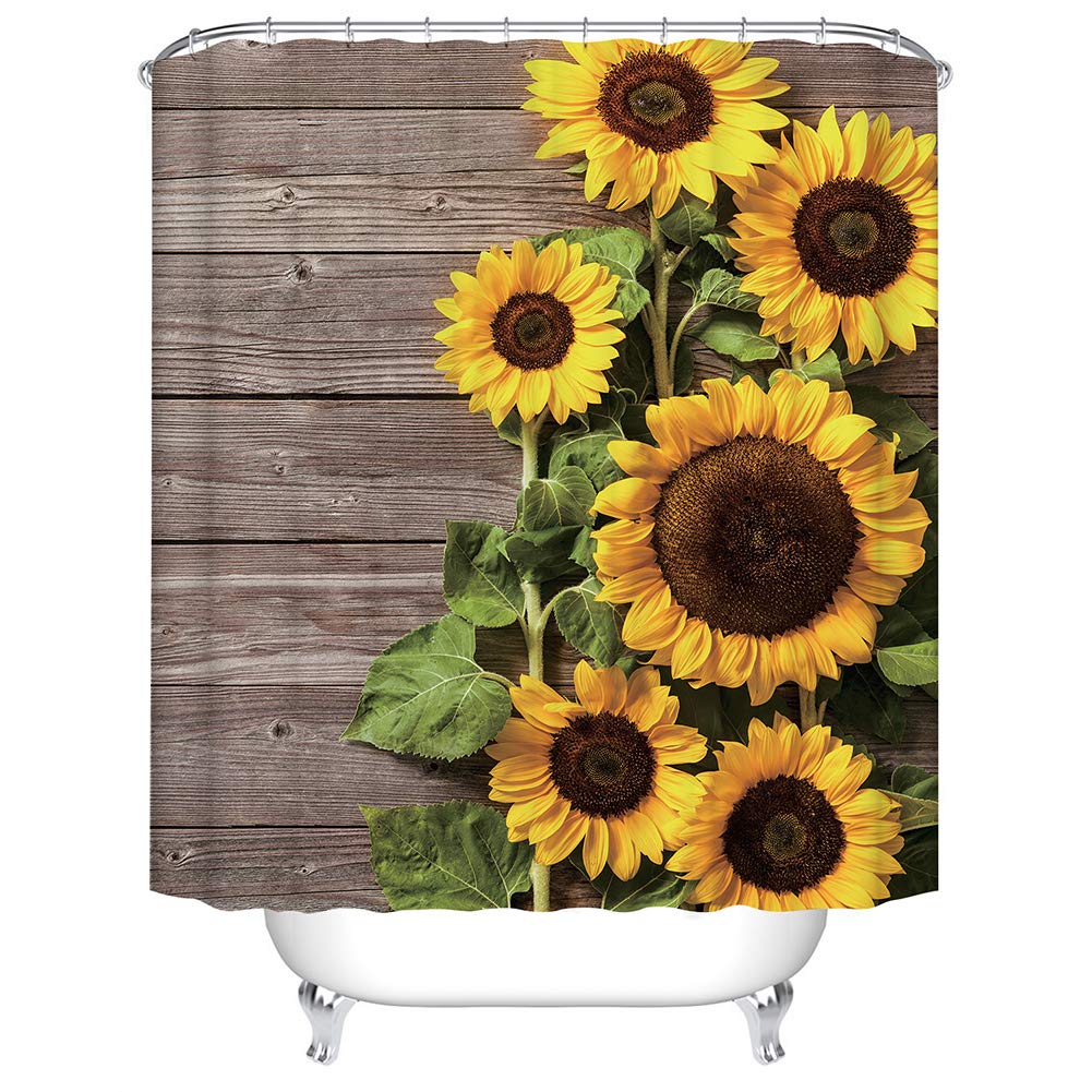 BOYOUTH Sunflowers and Planks Pattern Digital Print Shower Curtains for Bathroom Decor,Polyester Waterproof Fabric Bath Curtain with 12 Hooks,70x78 Inches,Multicolor