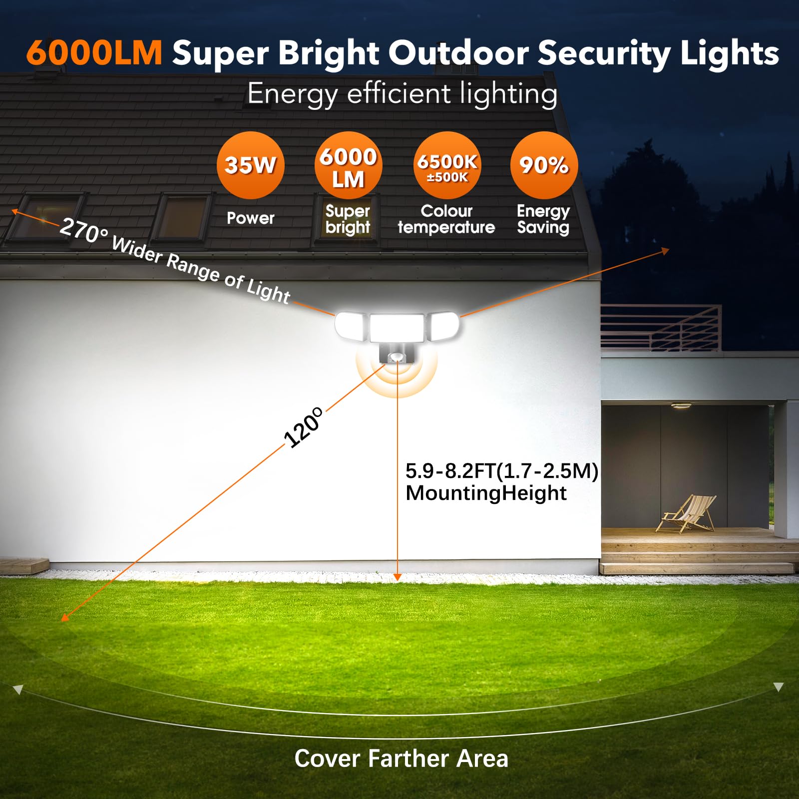 Projecteur LED Extérieur 35W 6000LM - Détecteur De Mouvement, 3 Têtes Réglables, Télécommande - IP65