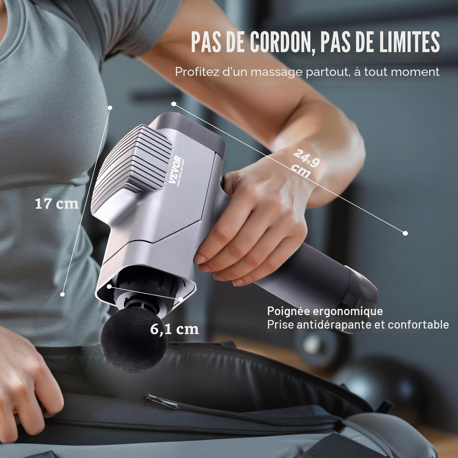 VEVOR Pistolet de massage musculaire, 8 vitesses, appareil de massage tissus profonds à percussion pour athlètes, masseur de muscles 6 têtes portatif pour soulager douleur, relaxation musculaire, 16 V