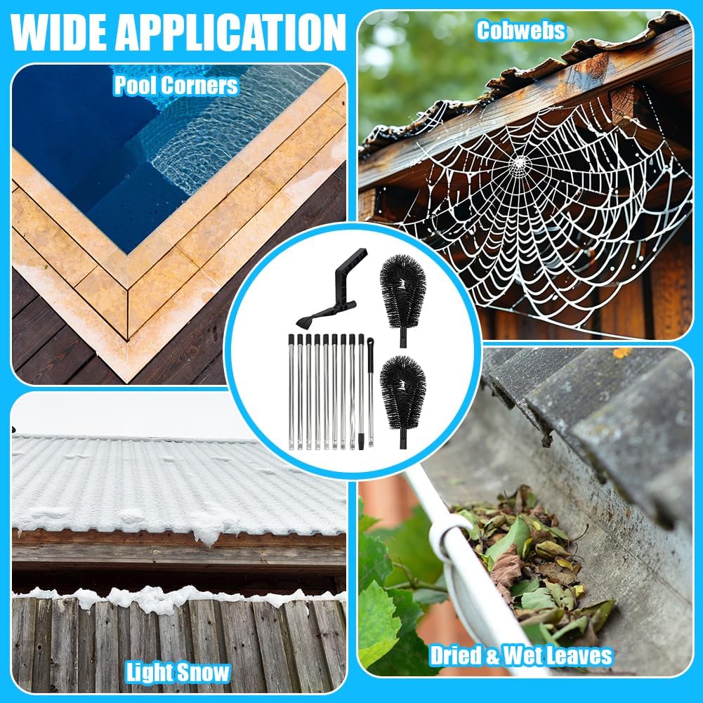 14.1Ft Gutter Cleaning Tool from The Ground, Roof Gutter Brush with Cleaning Spoon, Adjustable Extension Pole with Bendable Brush, Ladder-Free Removal Leaves and Debris
