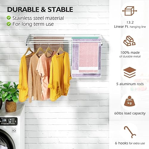 Miniatura 7 de Tendedero montado en la pared de 31.5 pulgadas, 6 ganchos de perilla, 5 postes de aluminio, capacidad de carga de 40 libras, plegable, retráctil,