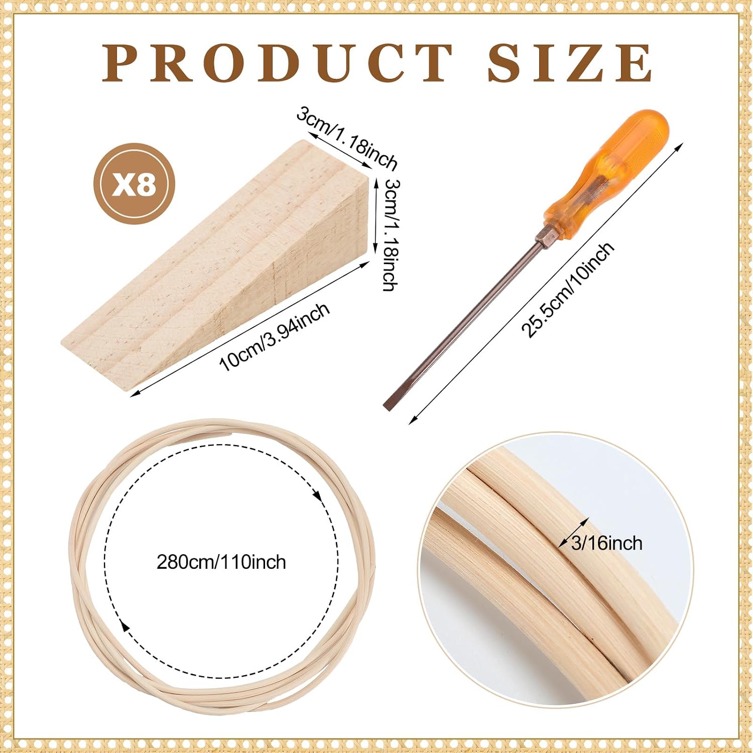 Leriton Rattan Repair Kits with 1 PC 14 Inch x 3.3 Feet Cane Webbing Roll, 1 PC 3/16 Inch Cane Webbing Spline & Caning Chisel, 8 Wooden Wedges for Chair, Cabinet, Home Caning Furniture Repair
