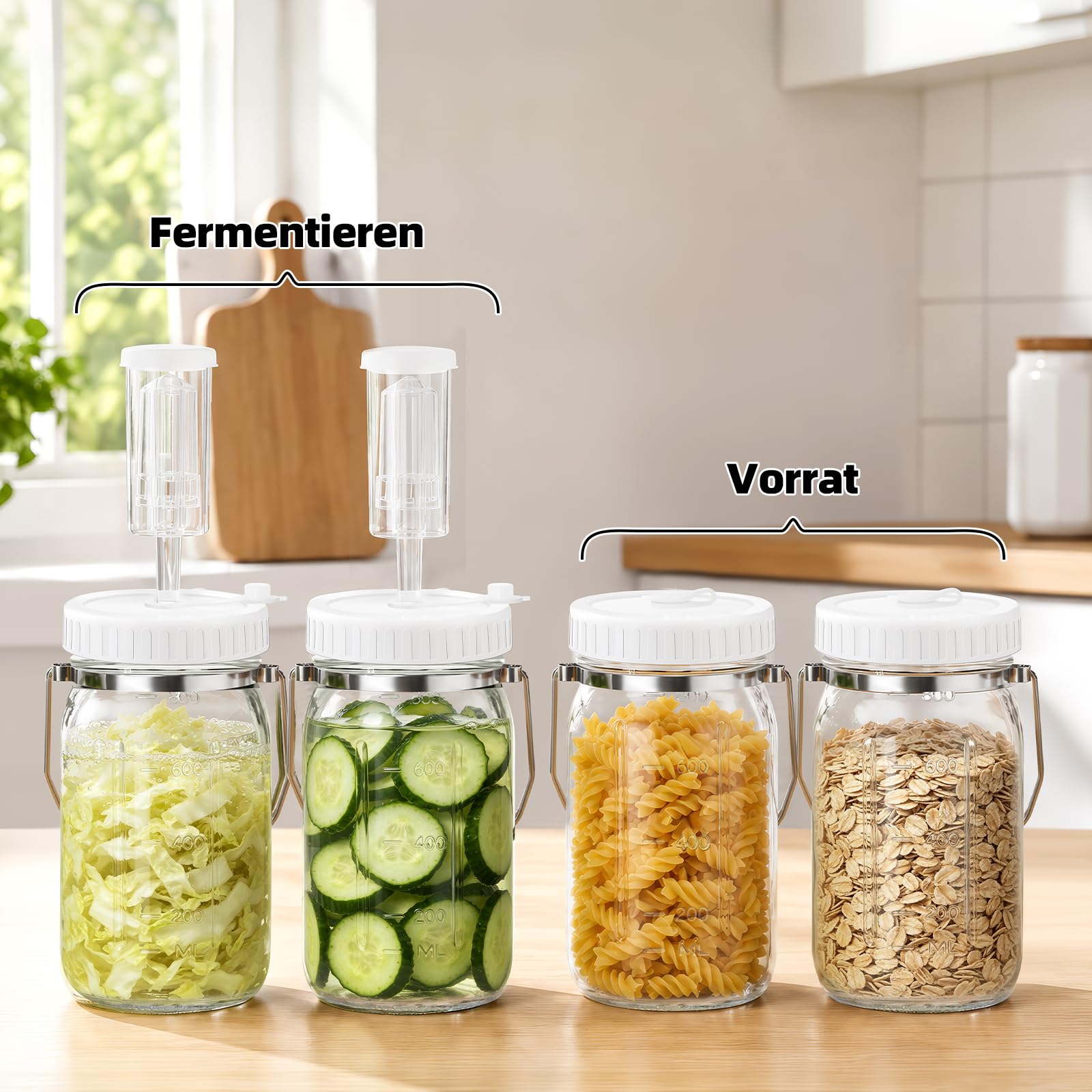 Mittimiya Lot de 2 bocaux de fermentation avec poignée de transport, pots de fermentation avec poids de fermentation, valve de fermentation et étiquettes, pour choucroute, kimchi, kombucha (800 ML)