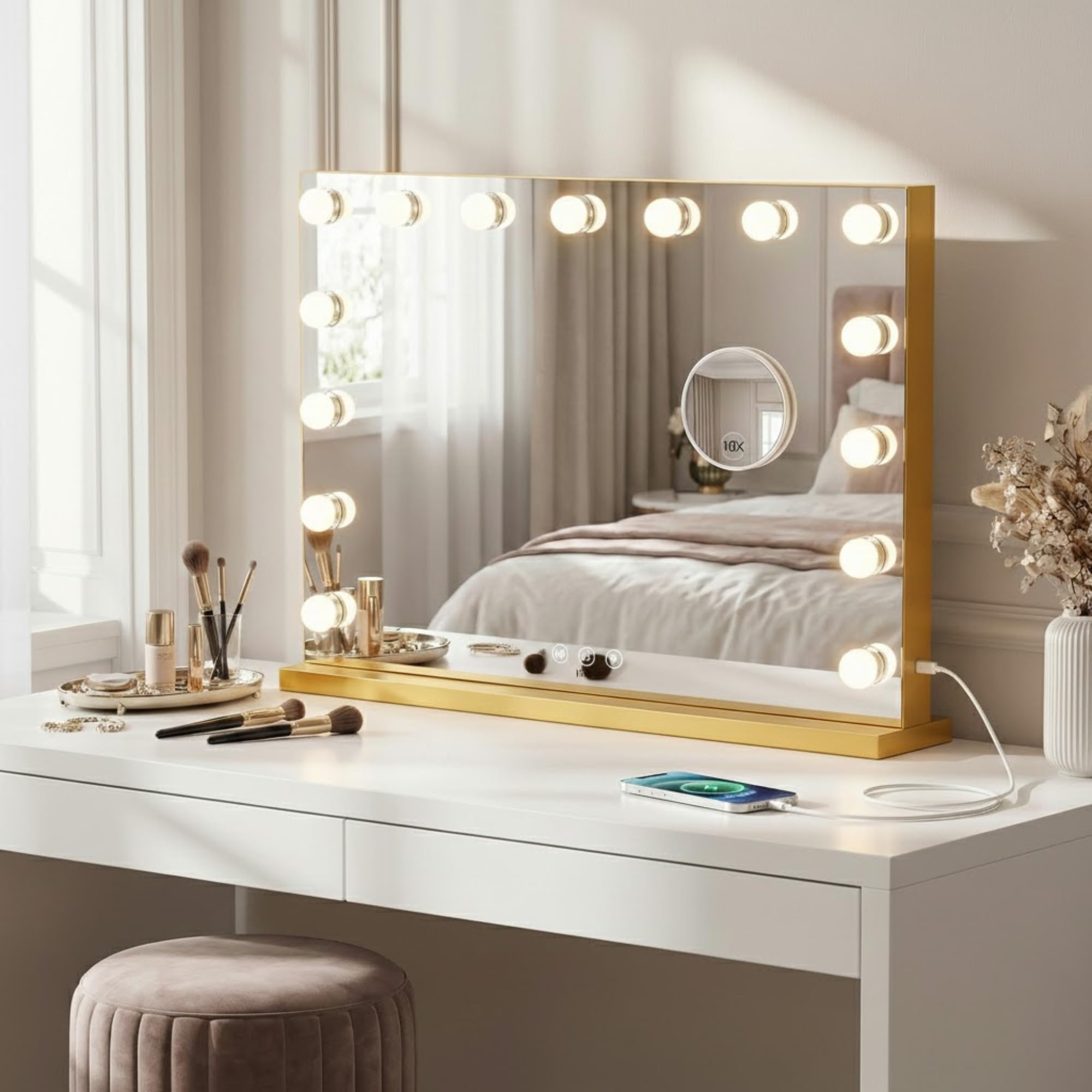 Bayt Hollywood Espejo 58 x 46 cm, Espejo Maquillaje con 15 Luces, Espejo de Aumento 10x, Regulable, Ampliación, Oro