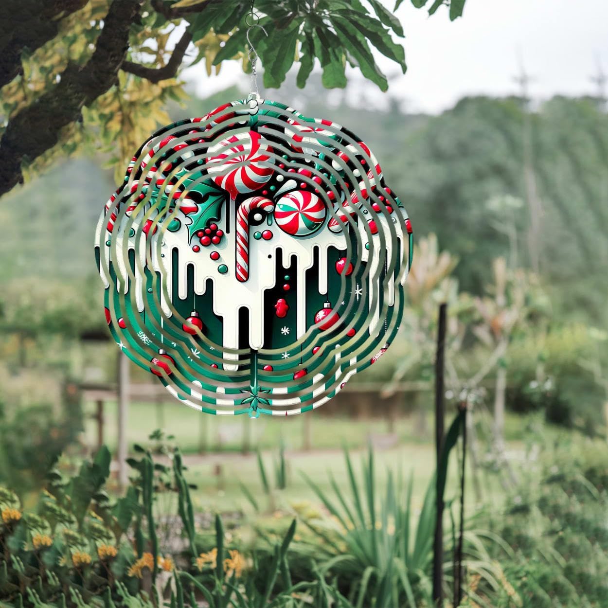 Candy Cane Christmas Wind Spinners 3D Stainless Steel Laser Cut Metal Double Sided Printing-Hanging Indoor/Outdoor Decorations Yard Gardening Decor,Metal Kinetic Art 16x16 inches
