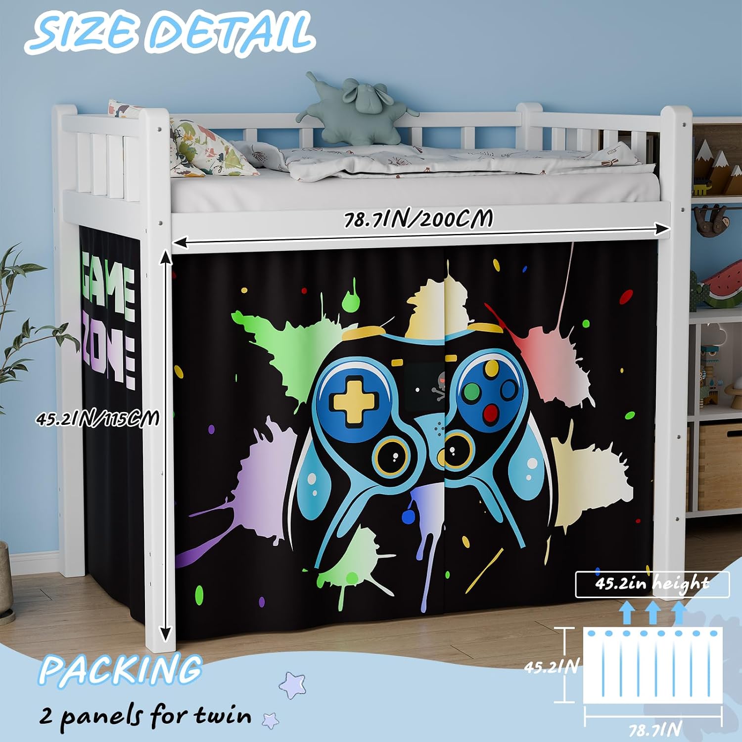 Bunk Bed Curtains - Loft Bed Curtains Privacy Bottom Bunk Bed Curtain Customization Blockout Breathable Bunk Bed Canopy for Teens Children Students (Game Machine Pattern, 2 Pacs Twin)