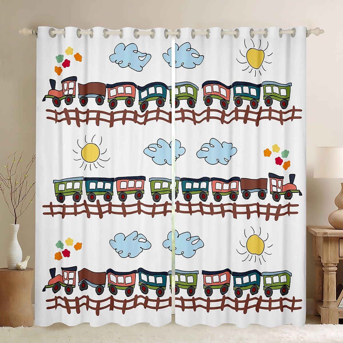 Cartoon Train Kids Window Curtains,Hand-painted Sun Cloud Cute Window Drapes for Boys Girls Women,Toddler Cartoon Vehicles Colorful Fashion Window