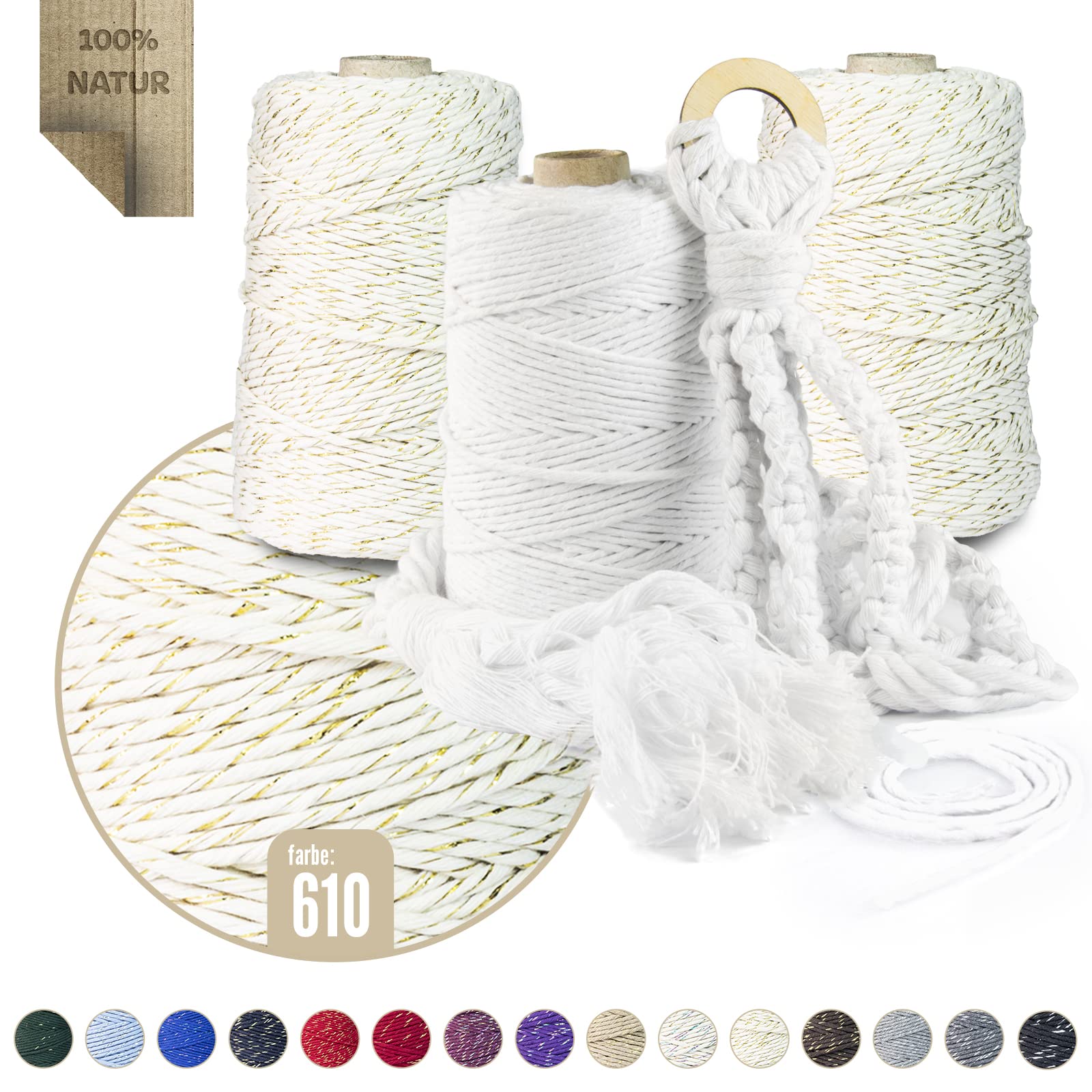 Filato Makramee, 1000 m, 3 mm, beige con filo dorato, 100% cotone, corda naturale, filo di cotone di cotone, per fai da te, decorazione fai da te