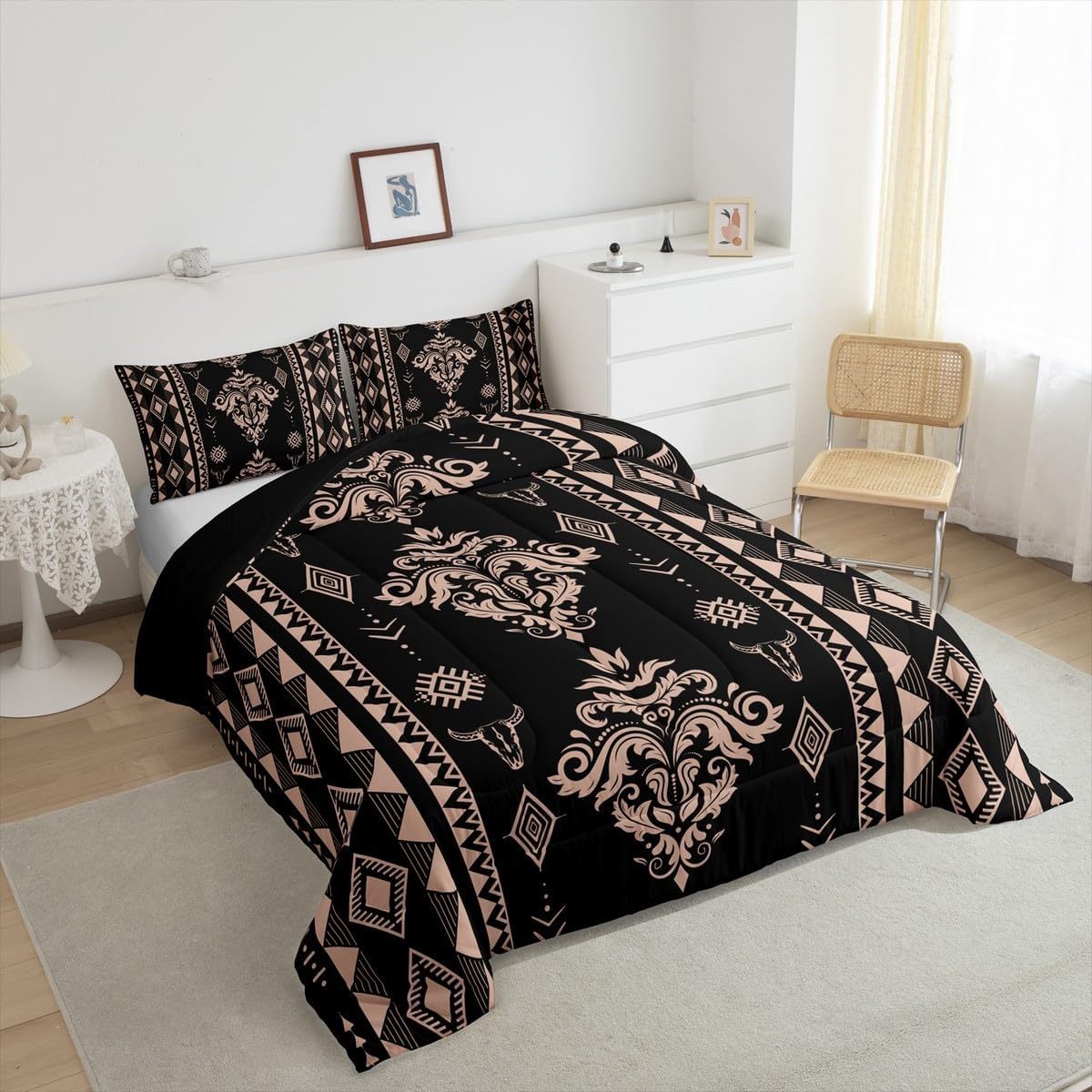 Erosebridal Western Damask Bedding Set King Size, Boho Aztec Comforter Set, Exotic Native Duvet Insert for Men Teens Bedroom Decor, Vintage Victorian Baroque Quilt, Black