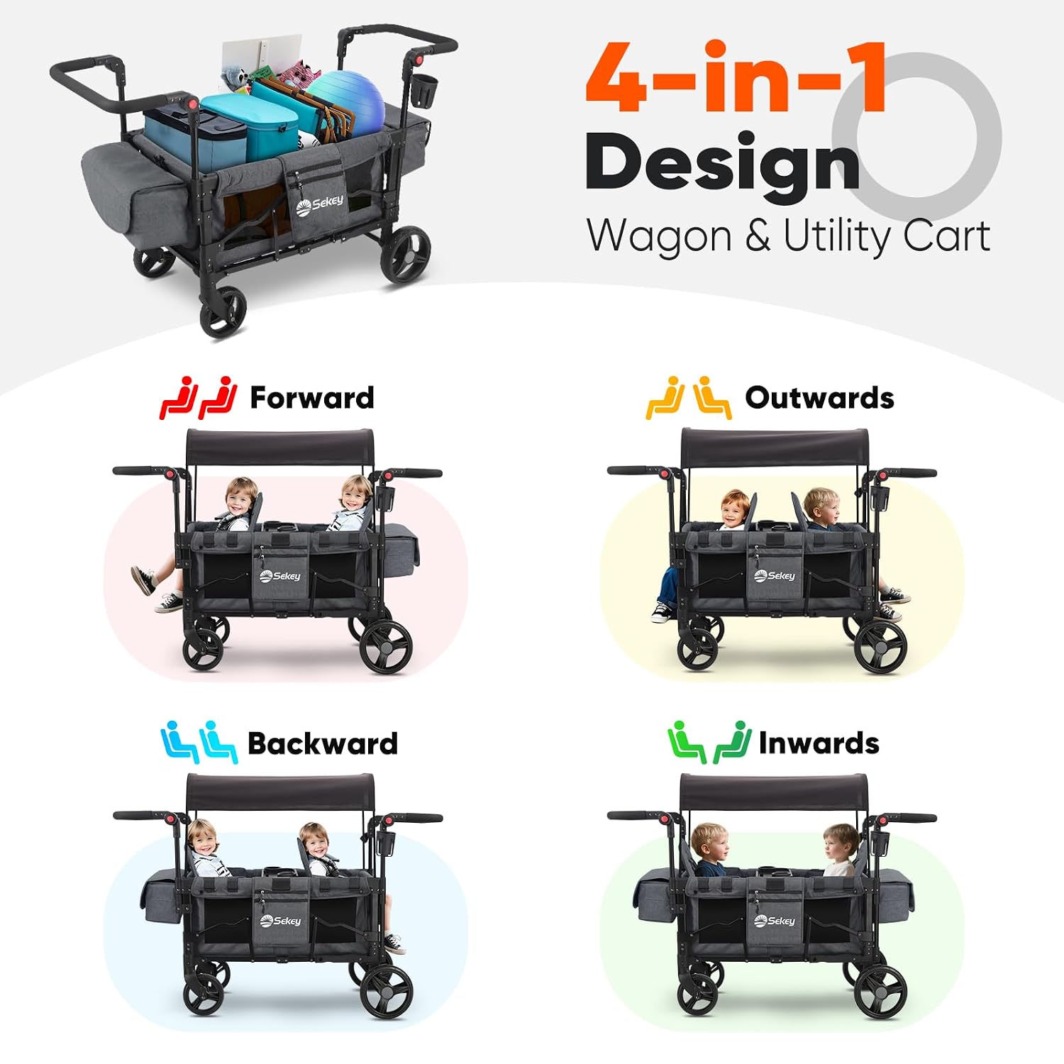 Sekey Wagon Stroller for 2 Kids, Luxury 4-in-1 Stroller Wagon - Premium Quality with Convertible Seats, Adjustable Push Handles, Removable Canopy, Cup Holder, Snack Tray & Cooler, US Certified