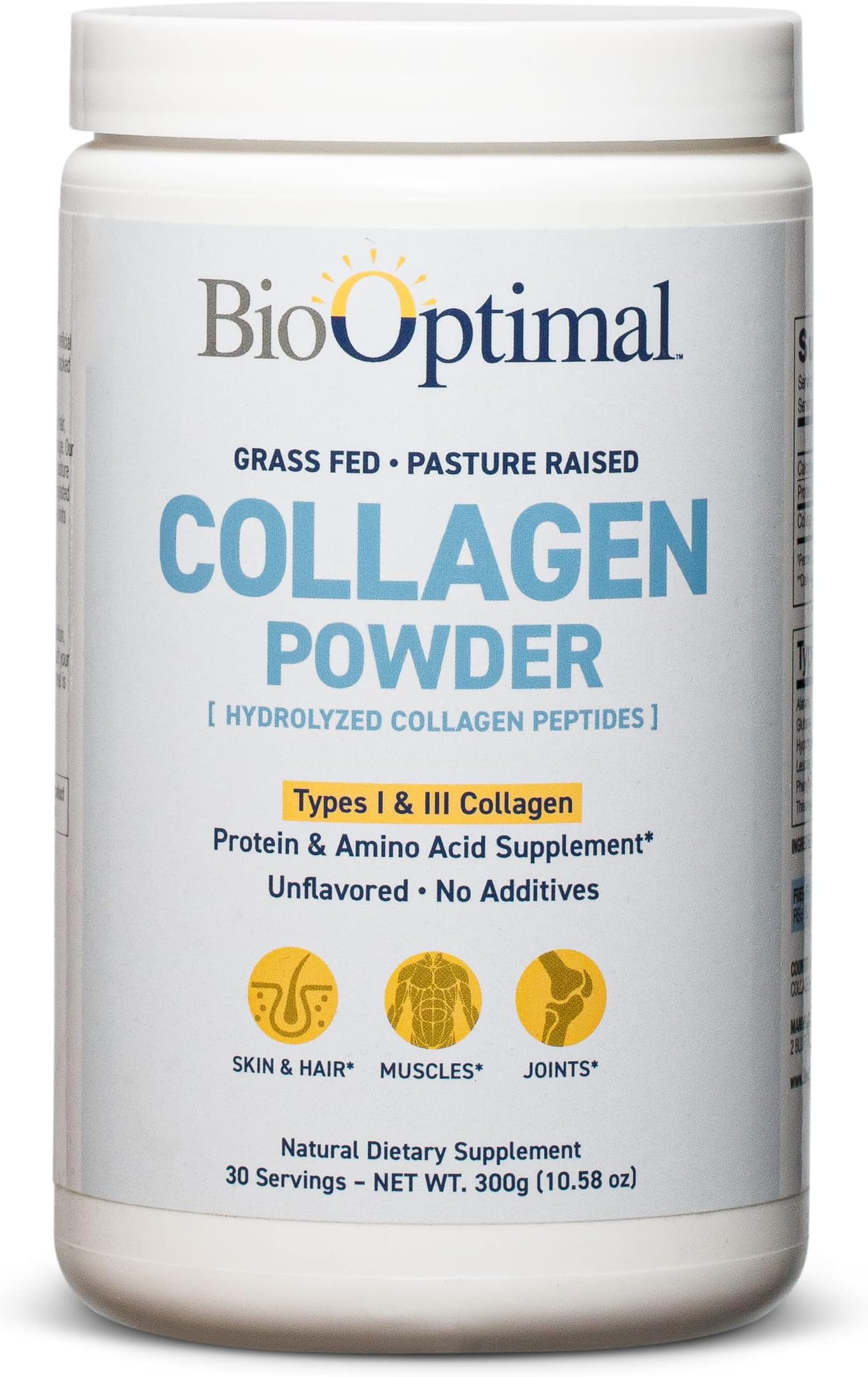BioOptimal Collagen Peptides Powder - Grass-Fed, Pasture-Raised Hydrolyzed Protein Supplement for Skin, Hair, & Nails - Non-GMO, Zero Sugar Daily Supplement for Men & Women (30 Servings)