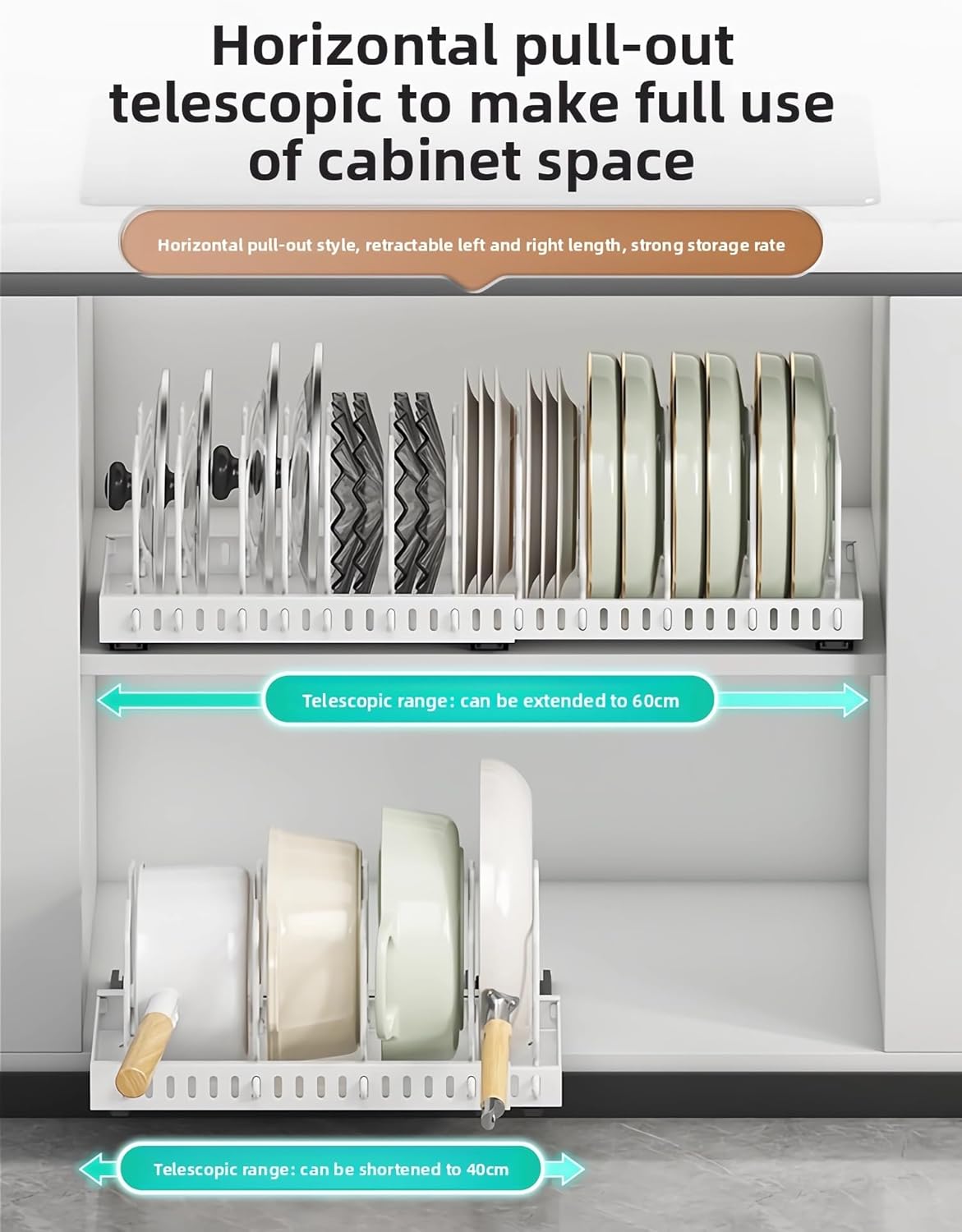 pots and pans organizer under cabinet,pot lid organizers inside cabinet holders for kitchen,Horizontal and vertical pulling modes,Can be extended and adjusted (White horizontal pull-out)