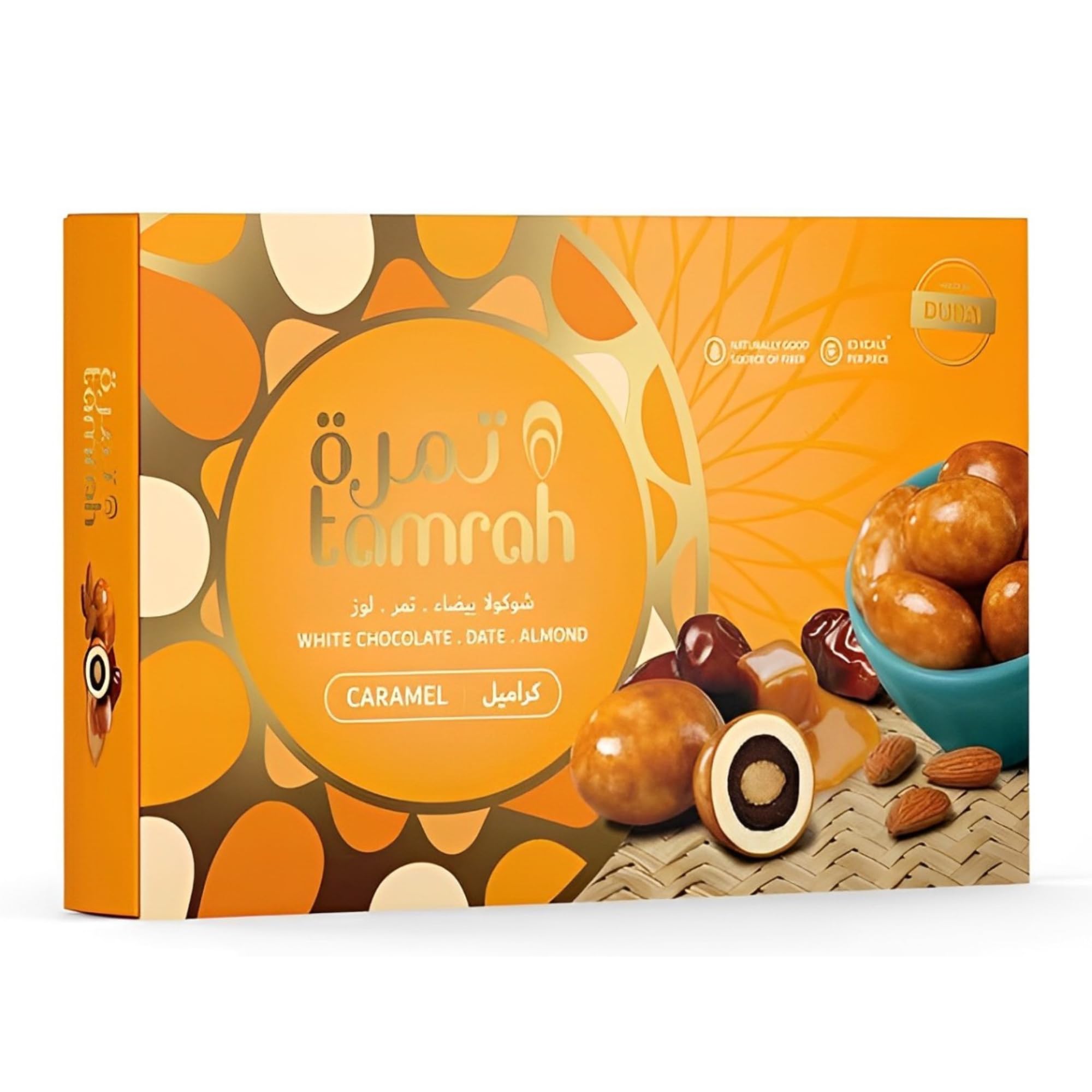Caramel Chocolate with Dates & Almonds Coated in Premium White Chocolate – Luxurious Treats for Gifting, Sharing, and Special Occasions – 310g Gift Box