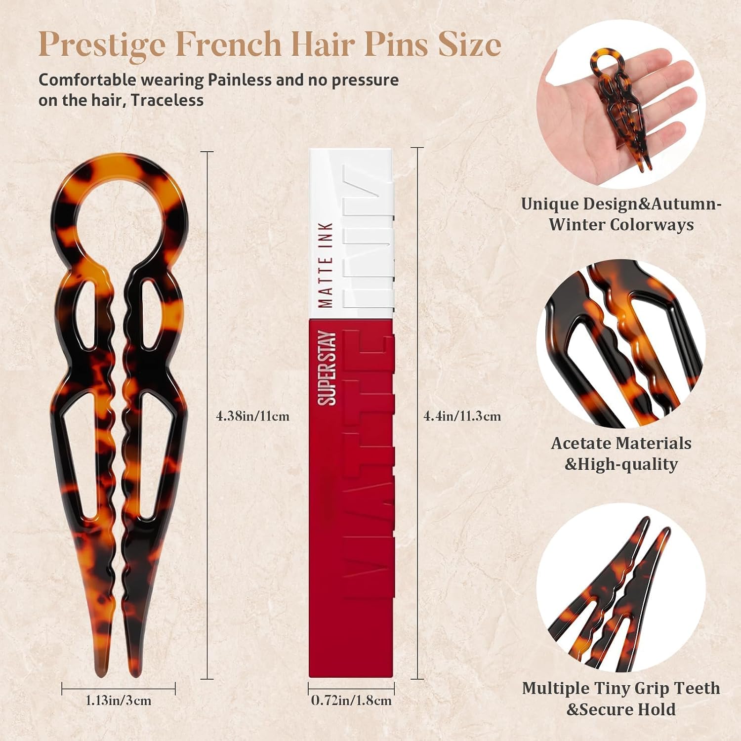 4PCS Prestige French Hair Pins for Women - Tortoise Shell Hair Pin for Updos Chignons & Buns - Acetate French Twist Pin, Strong Hold Hair Clips All-Day, Elegant Styling for All Hair Types