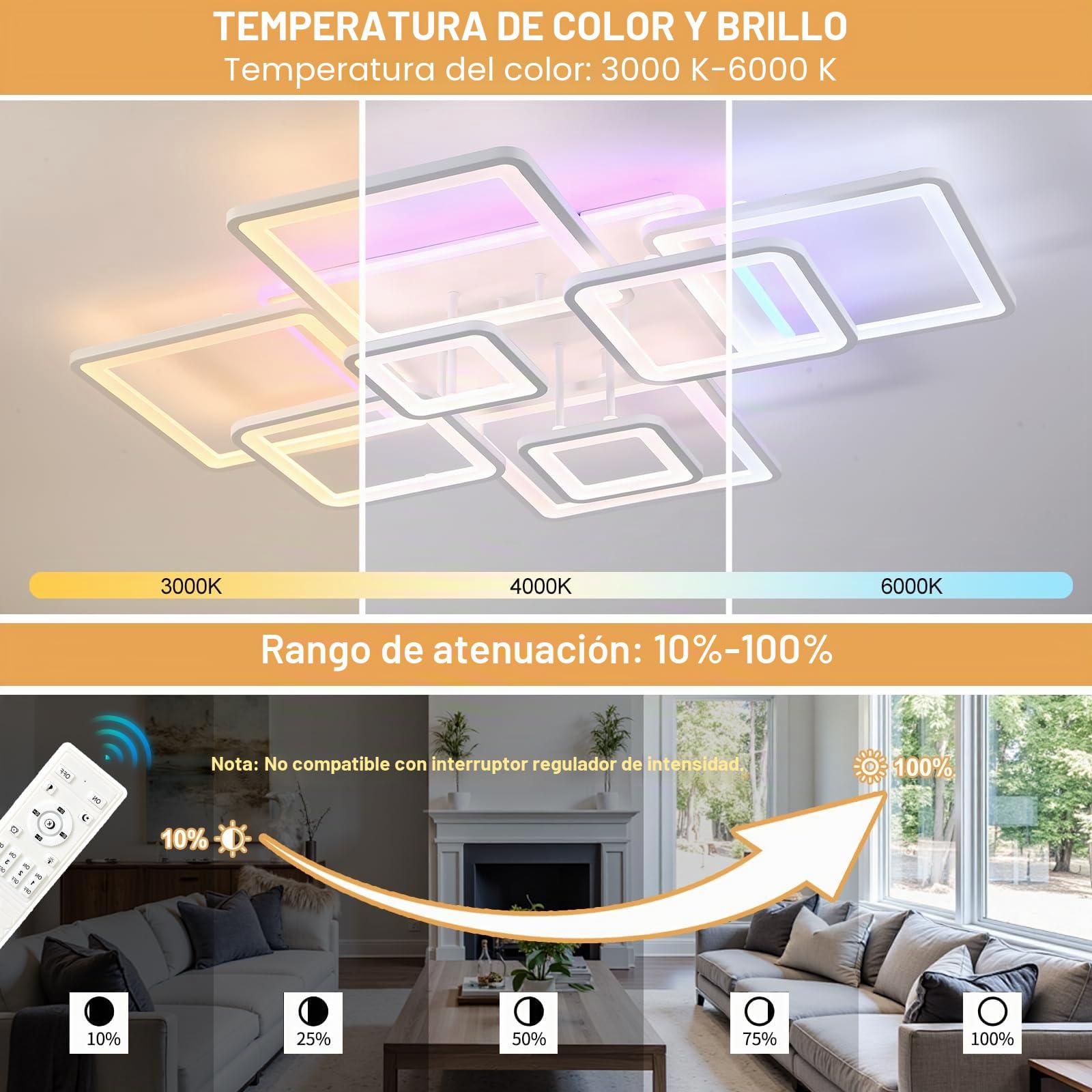 Regulable Plafones Para Techo Led 100W,Lampara Cocina de Bajo Consumo,Blanco Lampara Techo con Control Remoto,Moderno Plafon Led,Lamparas Salon 8 Luces,Plafon Cocina 3000-6000K