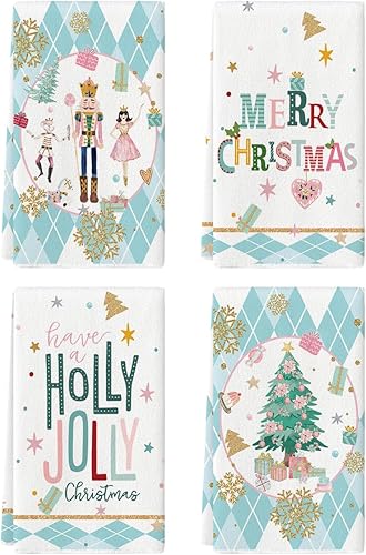 Miniatura 7 de Artoid Mode Juego de 4 toallas de cocina de 18 x 26 pulgadas con diseño de árbol de cascanueces rosados con diseño de árbol de Holly Jolly Merry