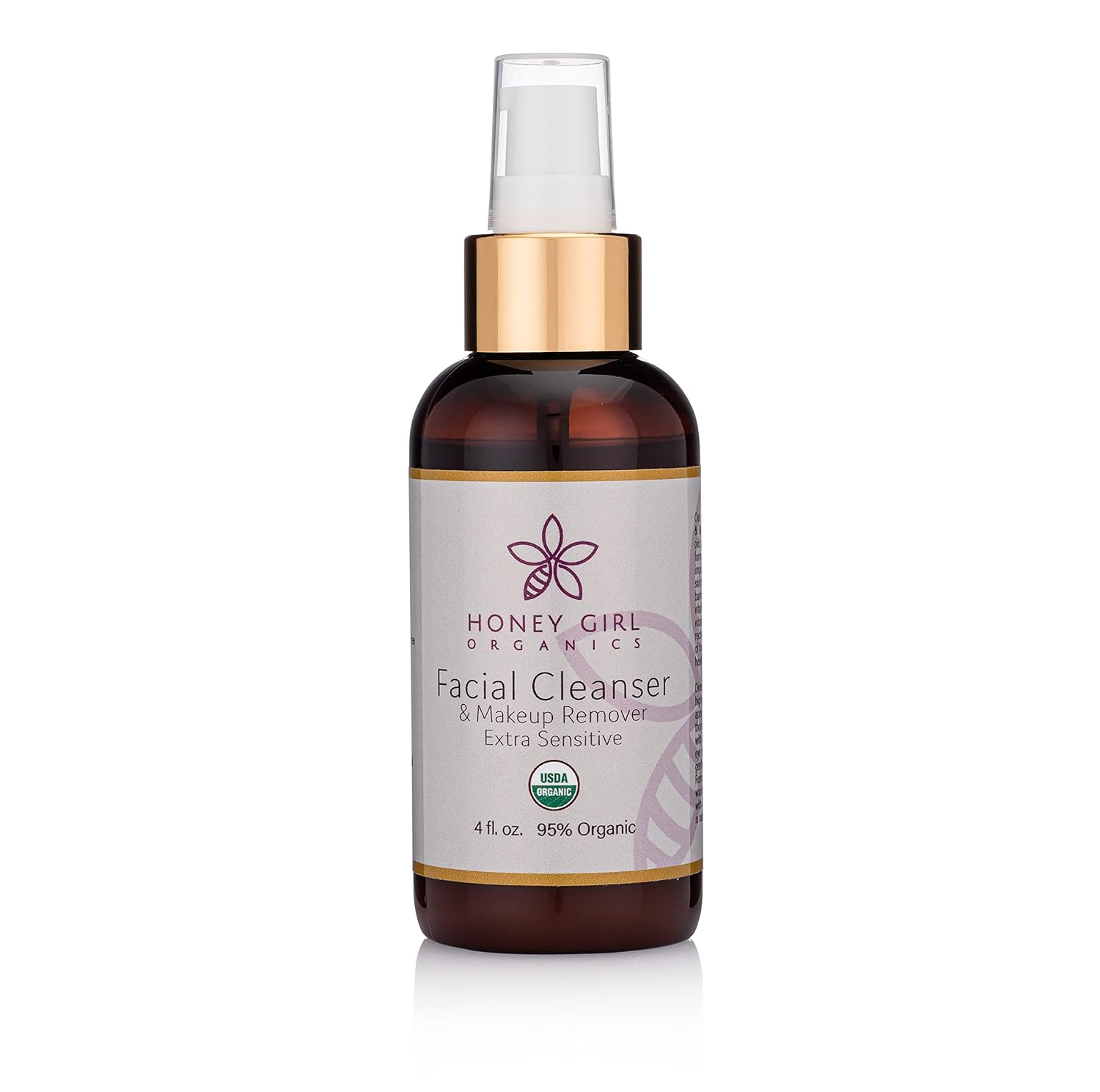 Honey Girl Organics USDA Certified Organic Facial Cleanser and Makeup Remover Extra Sensitive w/Beeswax. Naturally contains Pollen, Propolis, Royal Jelly. 4 Fl Oz