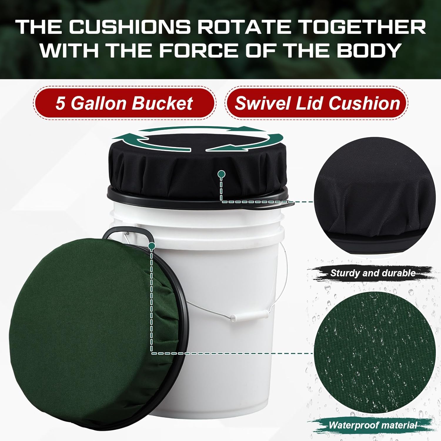 2 Pcs 5 Gallon Bucket Seat Lid with 3.94" Thick Foam Cushion,360° Swivel Bucket Lid Seat for Hunting Ice Fishing Gardening Camping, Black & Green