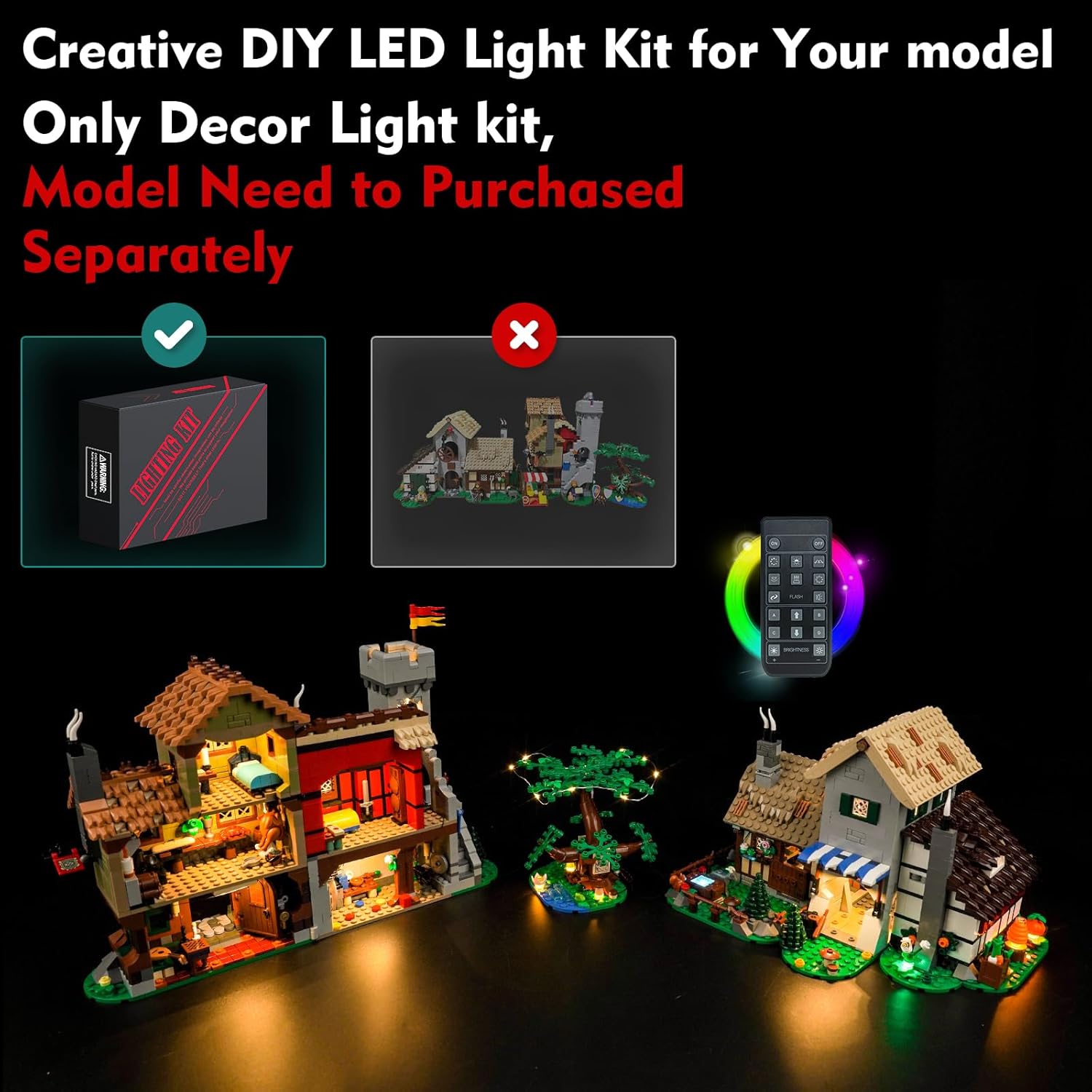 LED Light Kit Compatible with Lego Medieval Town Square 10332 (No Models Only Light) Creative Lighting Set Accessories Compatible with Lego Town Square 10332 Set (Remote Control Light Kit)