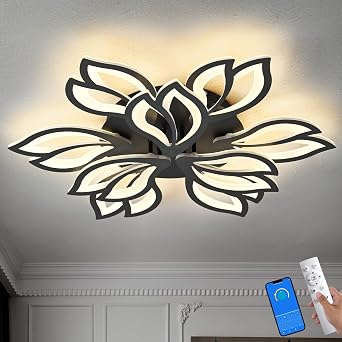 Modern Ceiling Light with APP & Remote Control, Dimmable LED Flush Mount Chandelier with 3-Color, Black Acrylic Flower Ceiling Light Fixture for Living Room Dining Room Bedroom Kitchen-9-Leaves