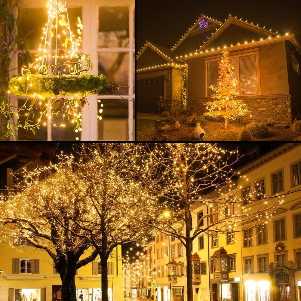 Baimo 2 Pack 100 LED 8 Modes Solar String Lights, 33ft Waterproof Silver Copper Wire Fairy Lights for Christmas, Garden, Patio, Party, Yard, Indoor Outdoor (Warm White)