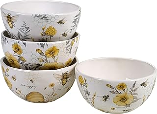 Bee Sweet Set of 4 Ceramic Ice Cream Bowls – 6" Farmhouse Bee & Floral Design, Perfect for Ice Cream, Cereal, Soup, Snacks, Yogurt & Desserts – Microwave & Dishwasher Safe
