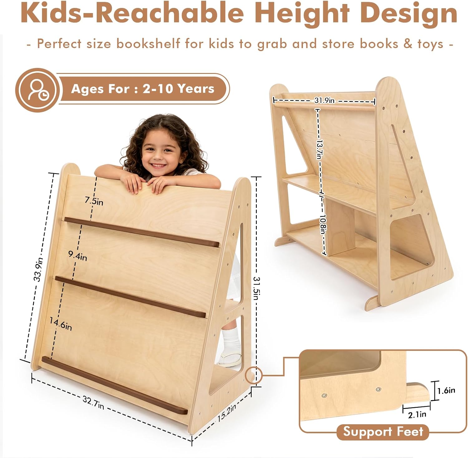 3-Tier Kids Bookshelf, Magazine Shelf with Storage, Natural