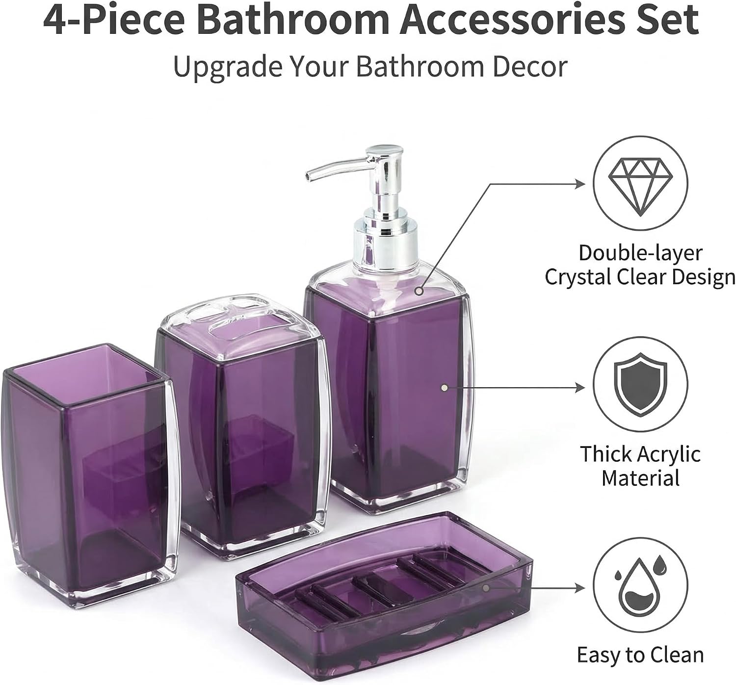 Bathroom Accessories Set,Soap Dispenser,Soap Dish,Toothbrush Holder, Tumbler, Acrylic Bathroom Accessories Set Complete, Modern Bathroom Décor, Gift for Home (PURPLE-4PCS)