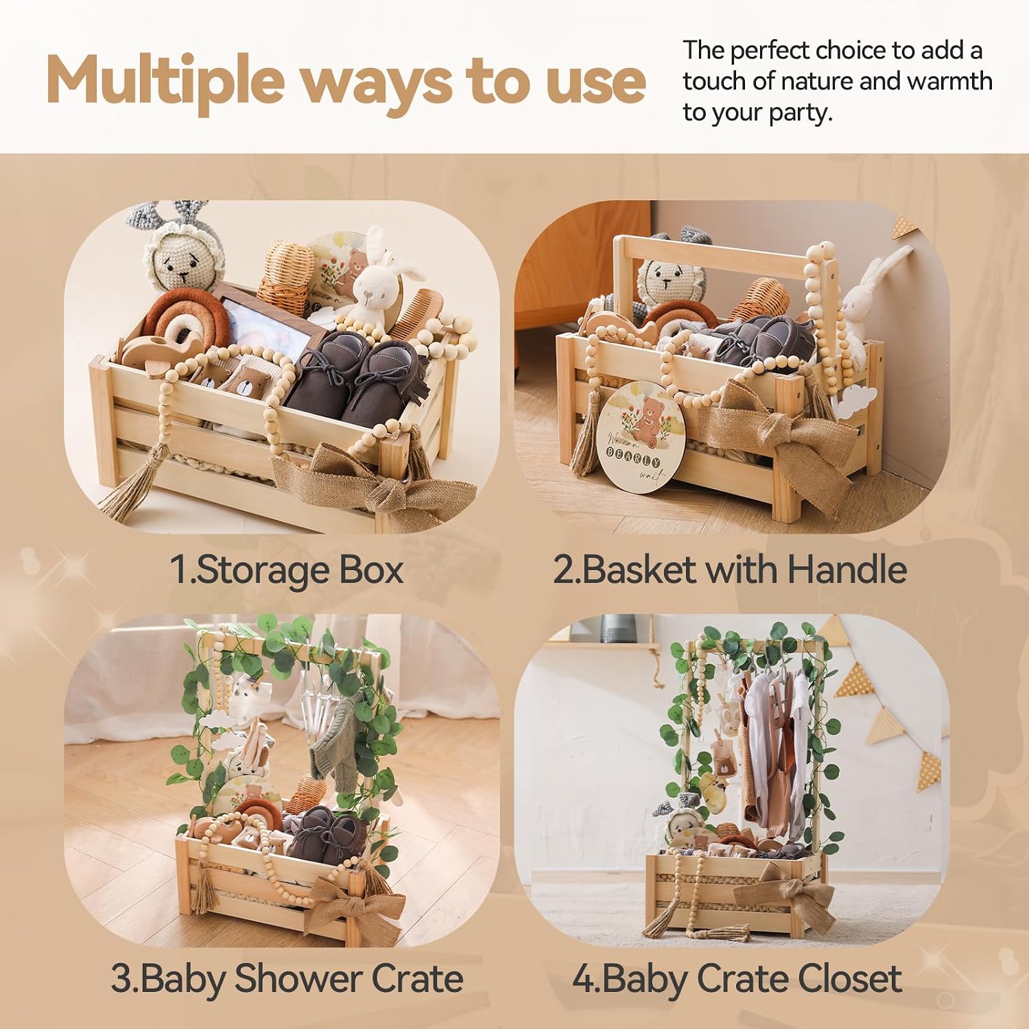 Wooden Baby Shower Crate - Baby Shower Basket Gift Set with Milestone Card, Eucalyptus Leaves, Tassel Bead String, Burlap Tape & More for Baby Showers, Nursery Decor & Photo Props