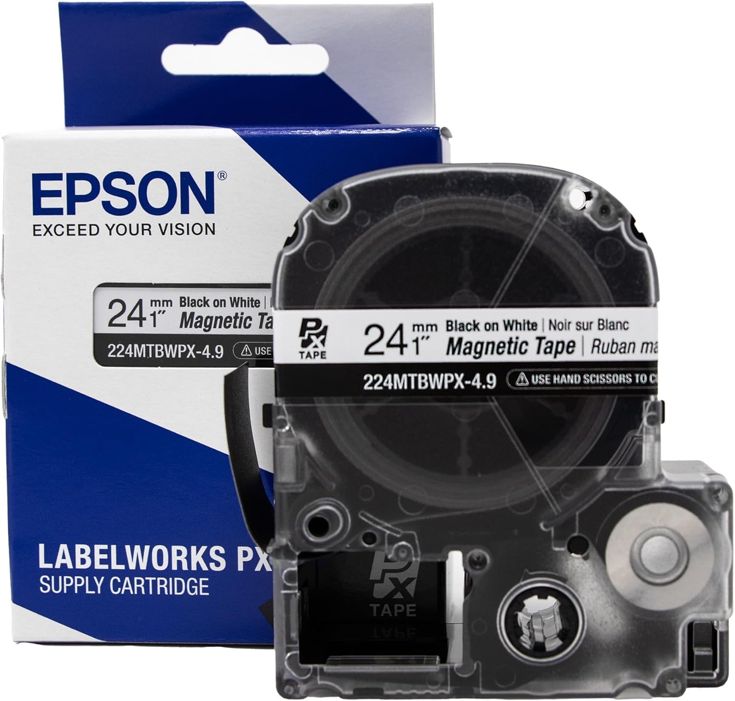 Epson LABELWORKS 224MTBWPX-4.9-5PK Genuine Magnetic Tape Cartridge - Black on White Magnet Label Maker Tape - 1" (24MM) Wide, 4.9 ft, White - 5 Pack