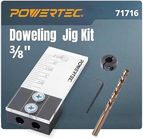 POWERTEC 71716 Plantilla de perforación de clavijas con marca testigo cortada con láser, escala de profundidad incluida, broca cobalto M-35 y collar