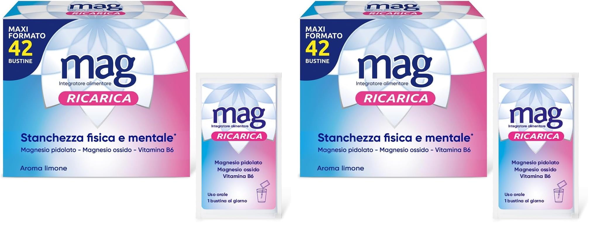 Mag Ricarica - Integratori per Adulti con Magnesio Pidolato, Magnesio Ossido, Vitamina B6 per Stanchezza Fisica e Mentale - Senza Glutine, Senza Lattosio (due confezioni da 42 Bustine Aroma Limone)