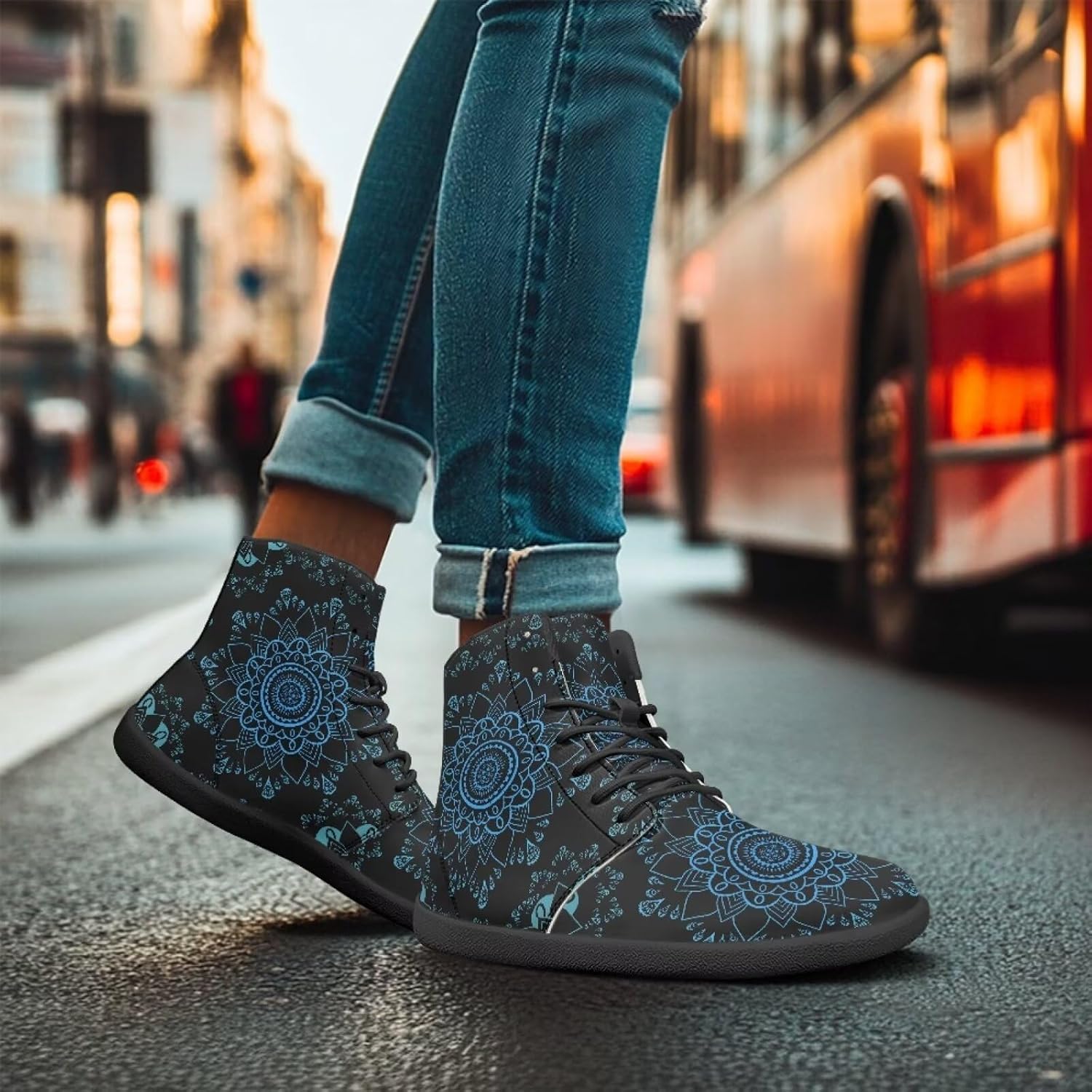 Jeiento Mandala Style Barefoot Shoes Mens Minimalist Barefoot Running Shoes Wide Toe Box Boots Pu Leather Shoes Non-Slip Lace Up Sneaker