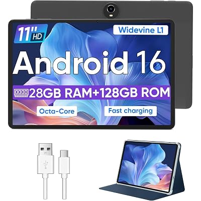 WXUNJA Android 16 Tablet,11 Inch Tablets with Octa Core Processor, 28GB RAM 128GB ROM 1TB Expand, Widevine L1, 8000mAh Battery, 2.4/5Ghz Dual WiFi/GPS/FM, 5/8MP Cameras, Case Included, Black