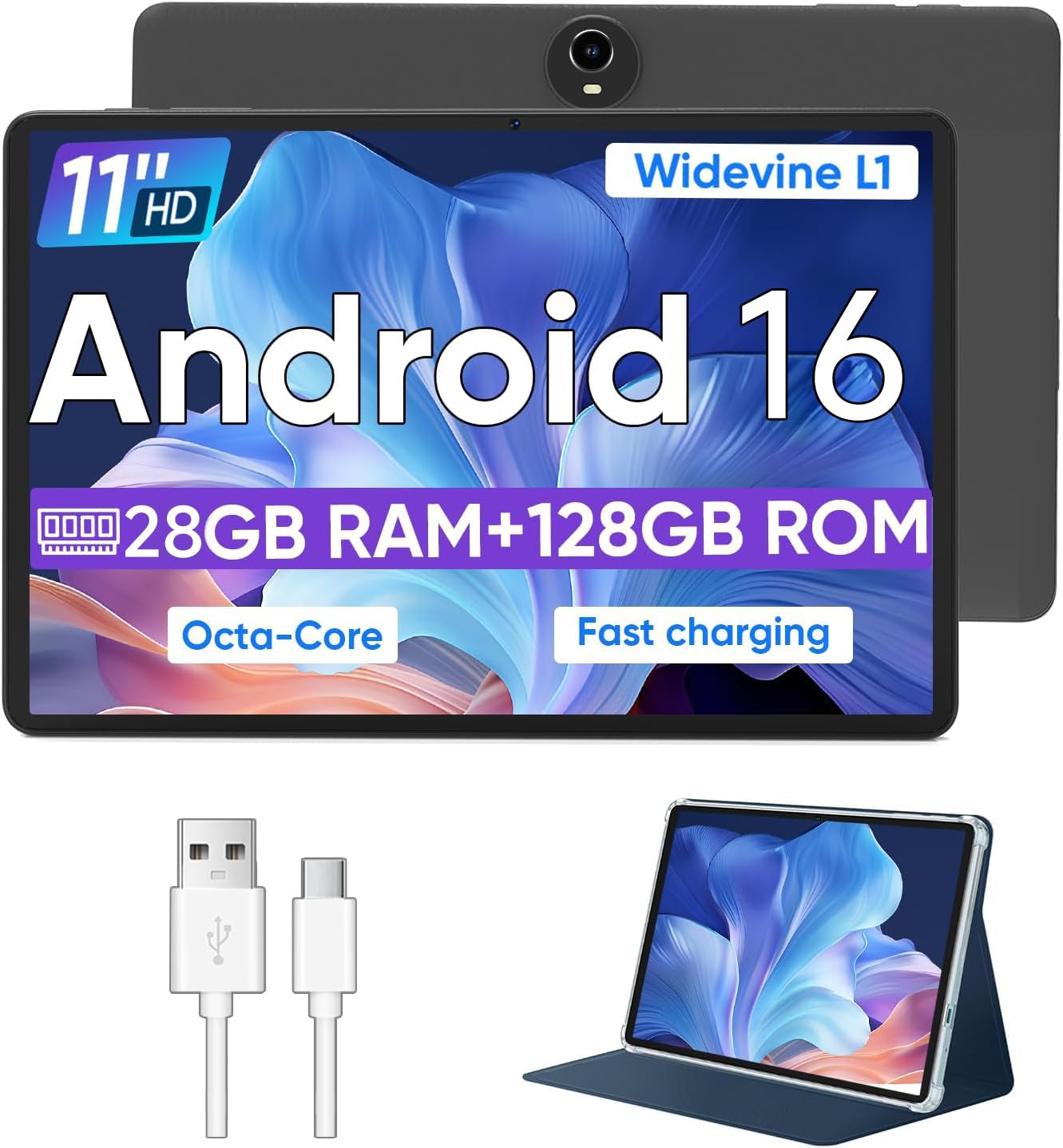 Android 16 Tablet,11 Inch Tablets with Octa Core Processor, 28GB RAM 128GB ROM 1TB Expand, Widevine L1, 8000mAh Battery, 2.4/5Ghz Dual WiFi/GPS/FM, 5/8MP Cameras, Case Included, Black