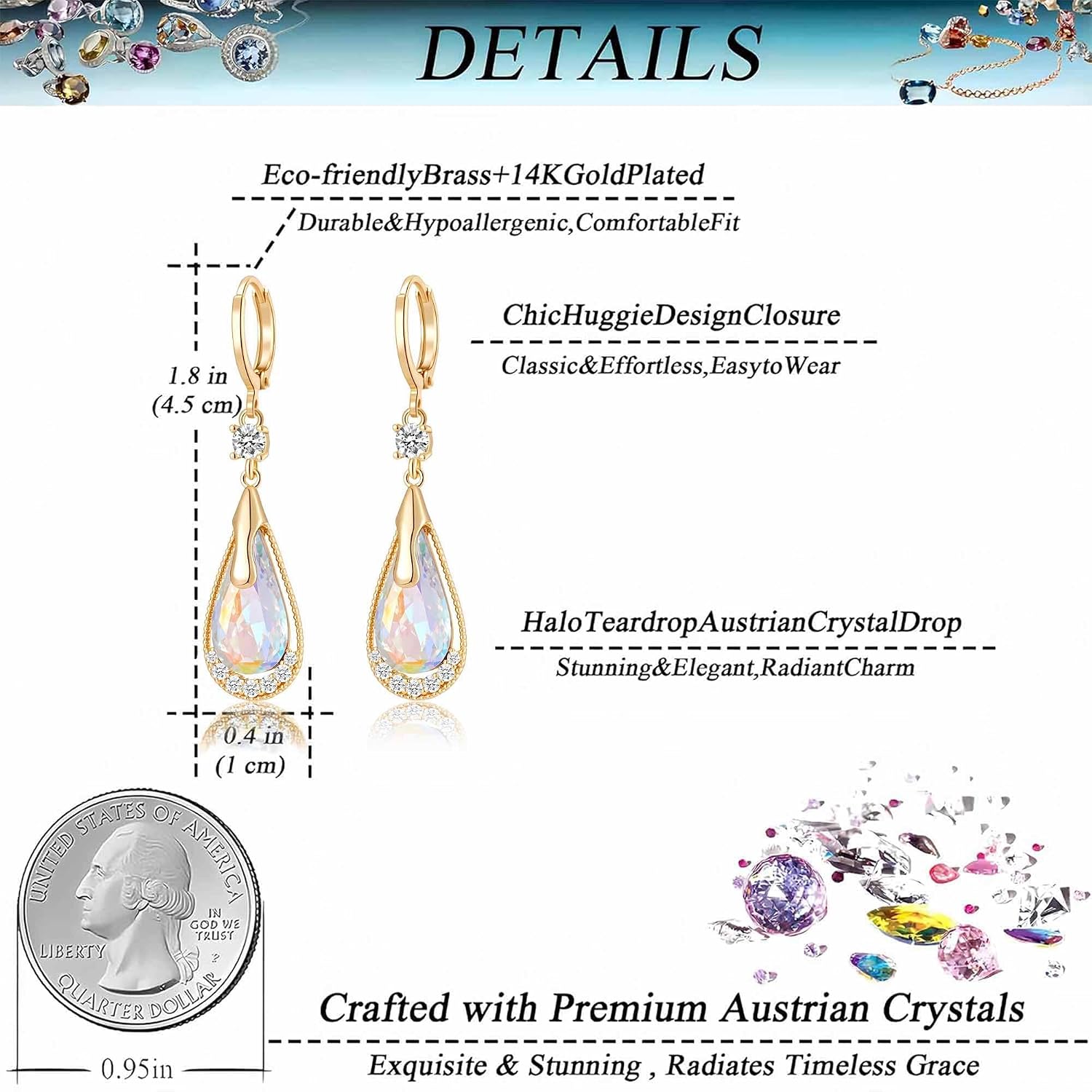 Trendy Austrian Crystal Teardrop Drop Huggie Dangle Earrings for Women 14k Rose Gold Plated Hypoallergenic Jewelry Gifts