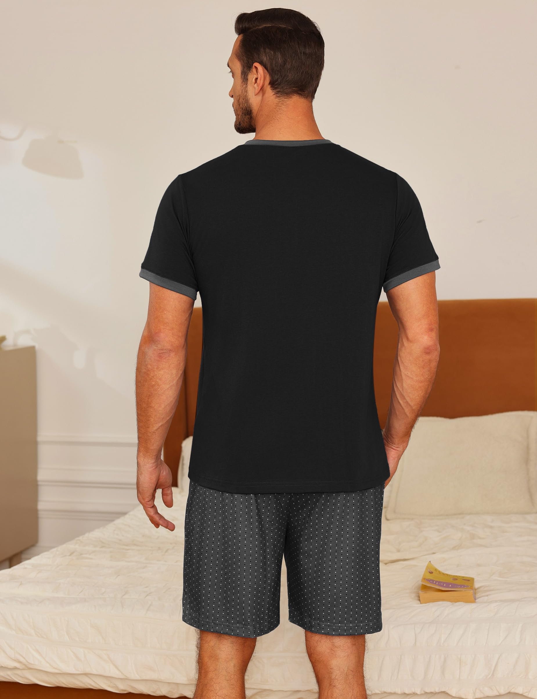 Schlafanzug Herren kurz Karomuster Schlafhose Männer Pyjama Sommer Henleykragen Schlafanzüge für Herren Pyjamashort Nachtwäsche Zweiteiler