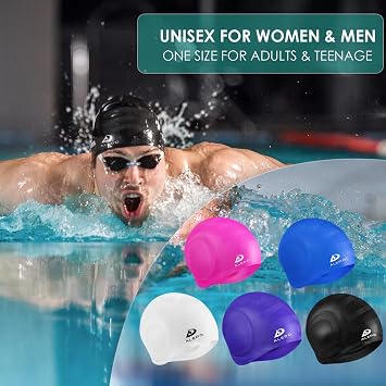 Alepo 2 Pack Unisex Swim Caps with 3D Ear Protection, Durable Flexible Silicone Swimming Hats for Women Men Kids Adults, Bathing Swimming Caps for Short/Long Hair with Ear Plugs&Nose Clip