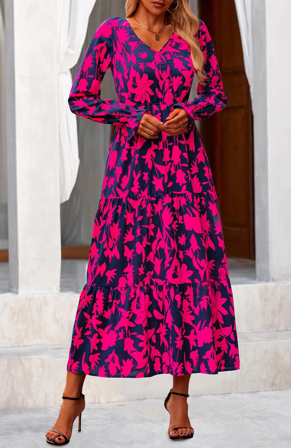 NOLLSOM Women's 2024 Fall Dresses Boho Maxi Dress Casual Long Sleeve V Neck Floral Dresses Wedding Guest Dress - Image 4