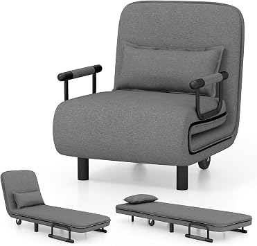 COSTWAY Single Folding Sofa Bed Chair Modern Fabric Sleep Function Holder W/Pillow & Wheel For Home Bedroom Living Room Office Indoor Dark Grey