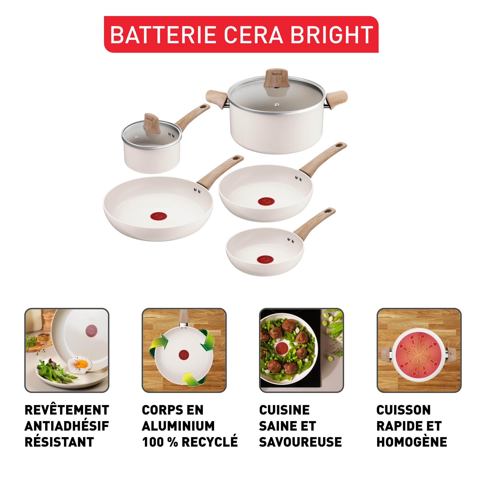 Tefal Cera Bright, Batterie de cuisine en céramique, Revêtement antiadhésif en céramique, Corps en aluminium 100% recyclé, C445S504