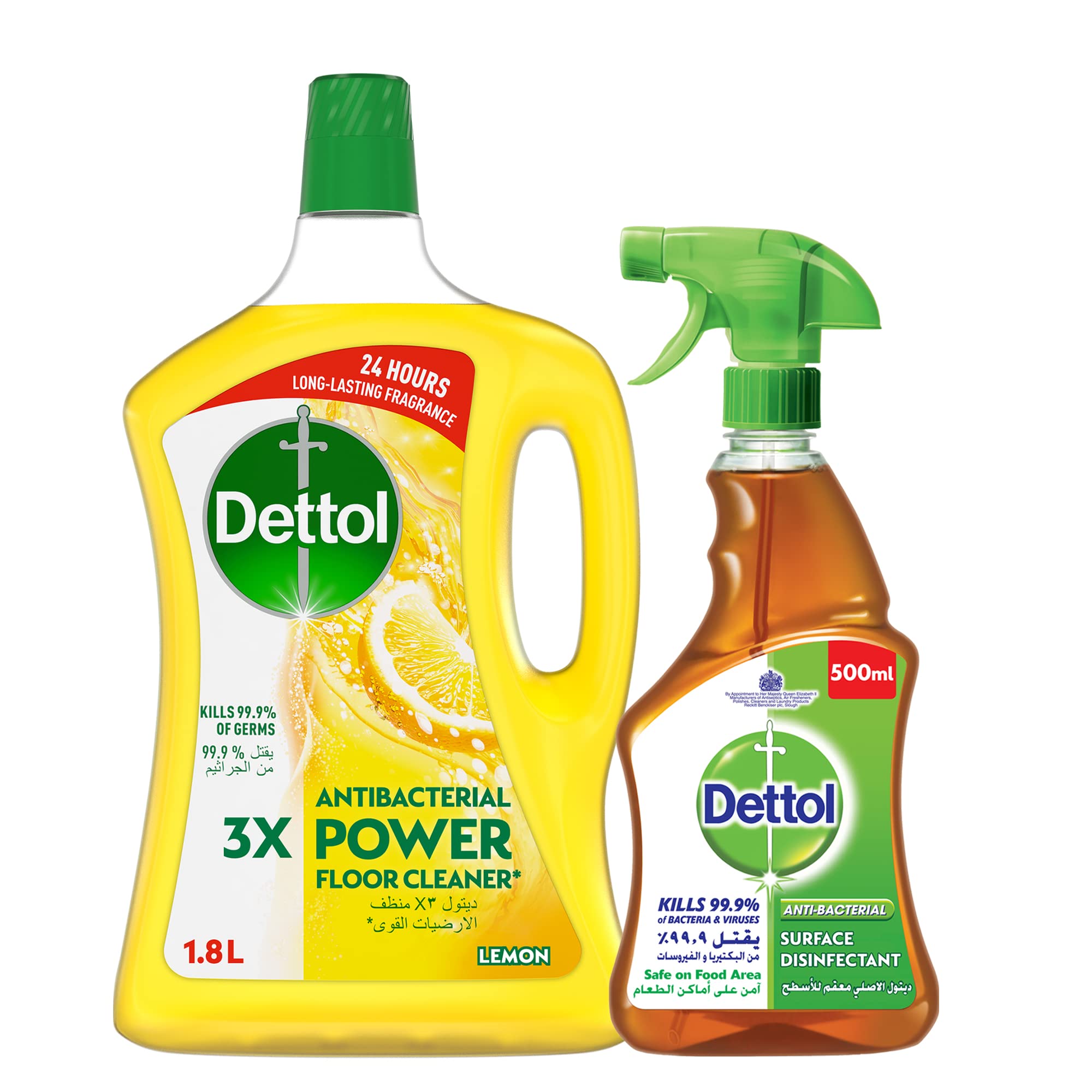 Original Anti-Bacterial Surface Disinfectant Liquid Trigger 500ML + Dettol Lemon Antibacterial Power Floor Cleaner 1.8L