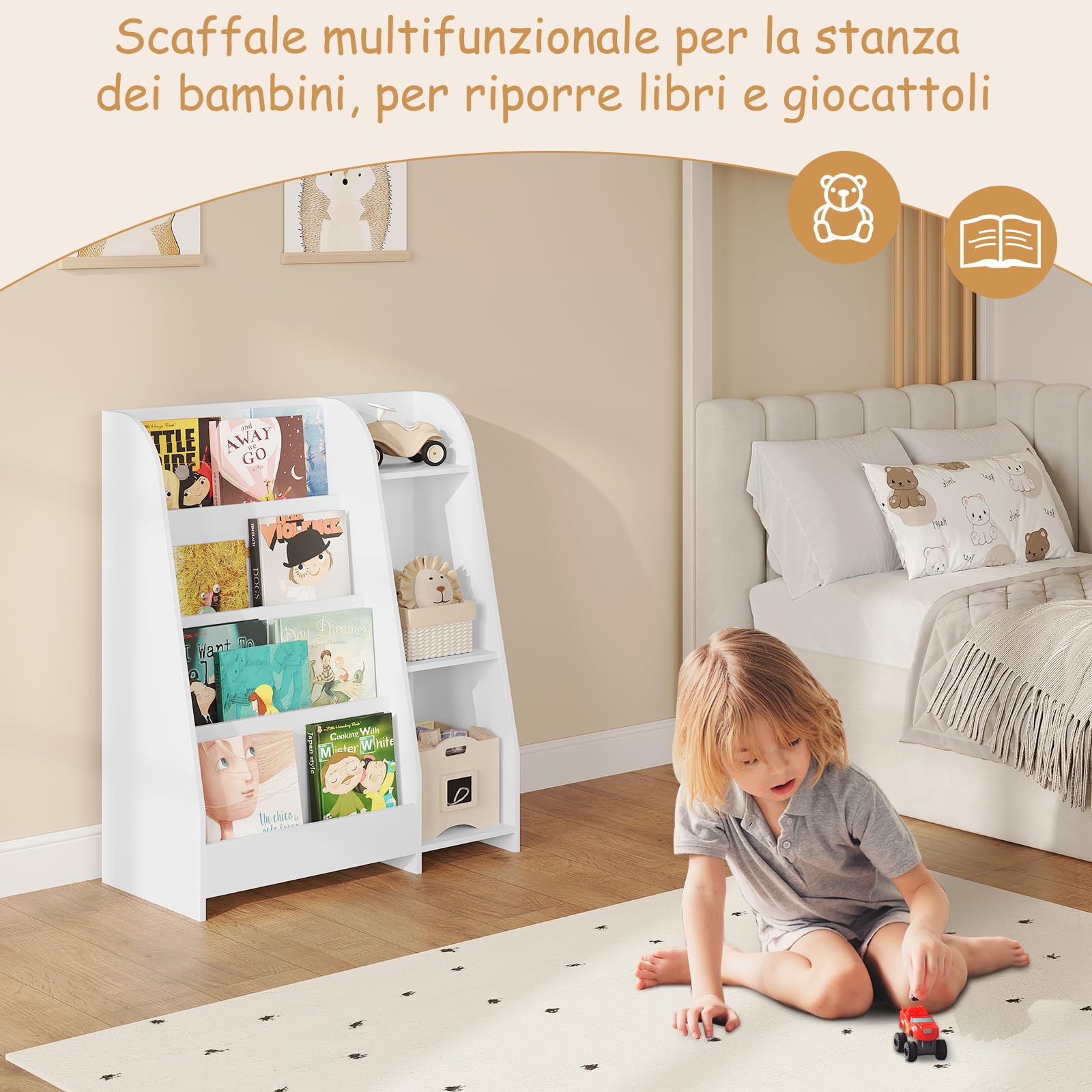 Lestarain Libreria, Scaffale Montessori, con 4 Ripiani e 3 Scomparti, Scaffale per Giocattoli e Libri, Mobile per Cameretta dei Bambini, Bianco, 75x90x34,5 cm
