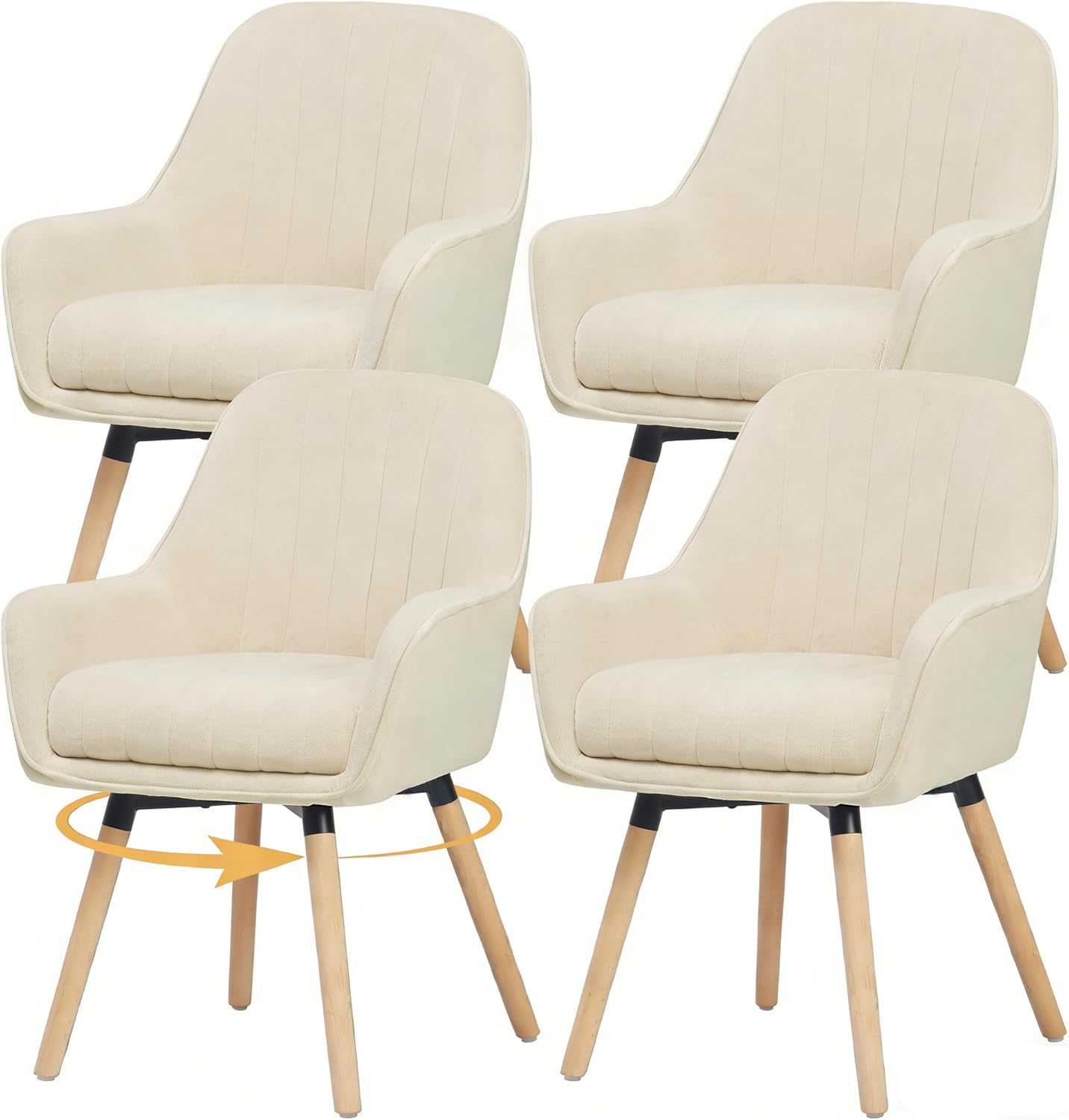 ELUCHANG Esszimmerstühle 4er Set, 360° Drehbar, 12cm Dicke Polsterung Stuhl mit Hohen Armlehnen, Cremeweiß Samt, bis 150 kg Belastbar, für Schlafzimmer Küche Wohnzimmer