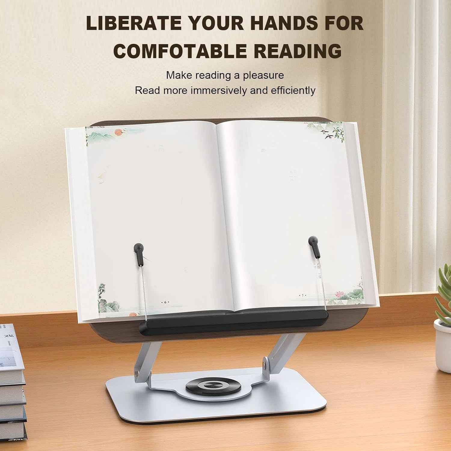 Luocute Book Stand, Adjustable Height and Angle with 360 Rotating Base, Foldable Design for Reading Cooking Studying Laptop Tablet Recipe (Silver)