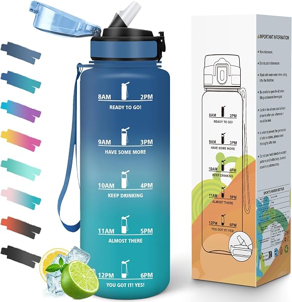 Botellas de Agua, 1.5 Litro BPA Free, Botella Gimnasio, con Escala de Tiempo Motivacional, Cantimplora, Reutilizable, Garrafa de Agua, Ideal para Escuela, Oficina, Deporte, Botella con Pajita - 1