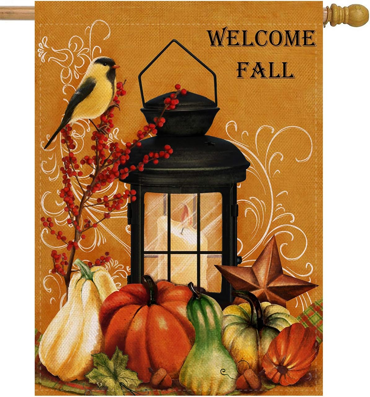Dyrenson Welcome Fall Orioles Bird 28 x 40 House Flag Quote Double Sided, Autumn Harvest Pumpkin Primitive Garden Yard Decoration, Seasonal Outdoor Décor Decorative Large Flag Vintage Candle Light