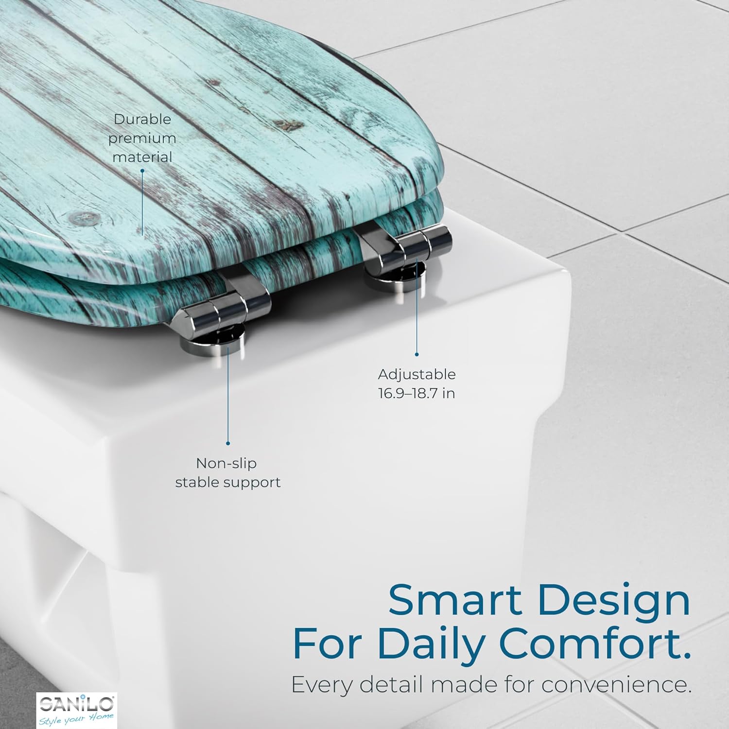SANILO Wooden Toilet Seat with Soft Close [ELONGATED] - Decorative, Quiet & Slow Close Molded Wood Seat - With Strong Bumpers & Hinges - Adjustable Fit - Lumber