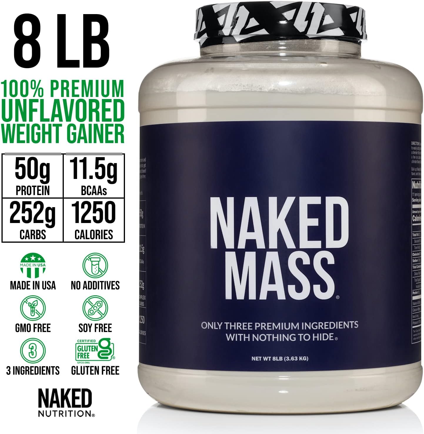 Naked Mass - Natural Weight Gainer Protein Powder - 8 Lb Bul...