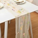 Windkream Champagne Floral Table Runner 10ft Embroidery Tulle Spring Wildflower Table Runner Seasonal Summer Butterfly Kitchen Dining Gauze Decoration for Wedding Baby Shower Birthday Party (1 Pcs)